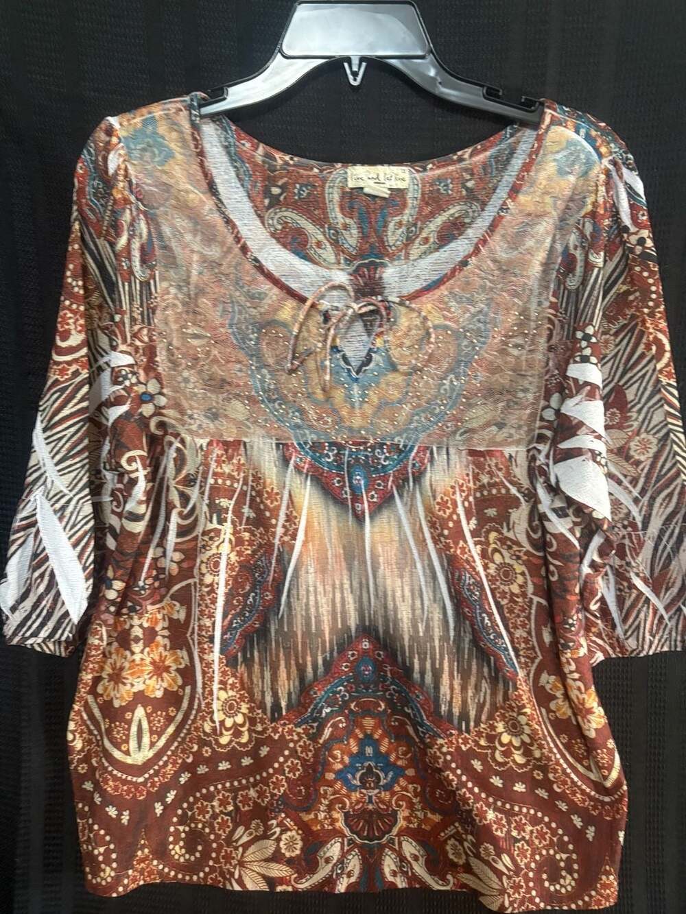 Live and Let Live Woman Paisley Print Beaded Boho Blouse 1X